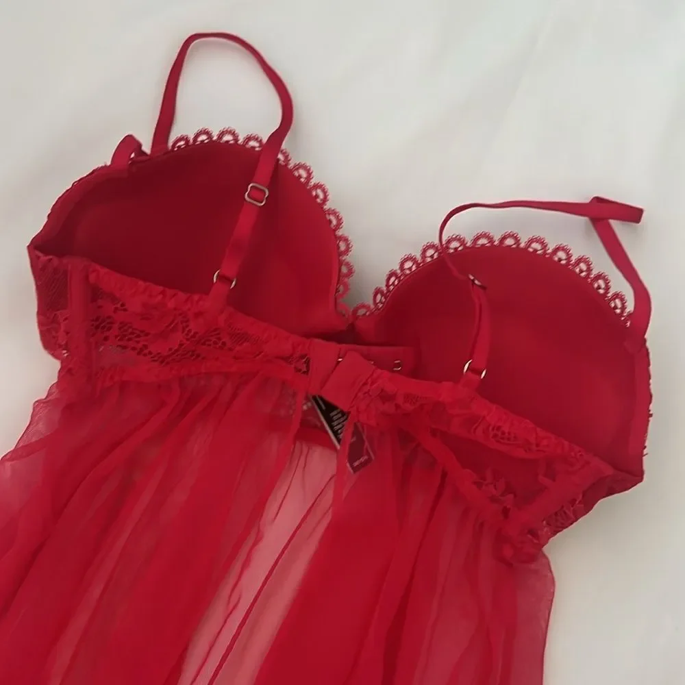 Victorias Secret Floral Lace Babydoll Slip Dress 34C Red Sheer Romantic Coquette